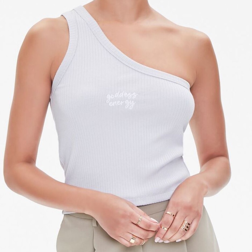 Grey “Goddess Energy” one shoulder tank top 🩶